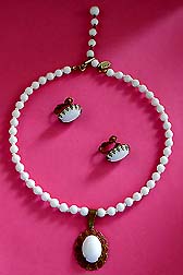 a beautiful Miriam Haskell vintage costume jewelry necklace, bracelet and earrings