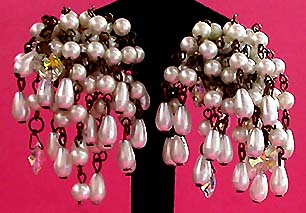 Vintage Costume Bridal Jewelry Dangle Drop Earrings - White Faux Pearl Heart Crystal Cluster Vintage Bridal Dangle Drop Chandelier Earrings For Weddings, Proms, Pageants And Parties!